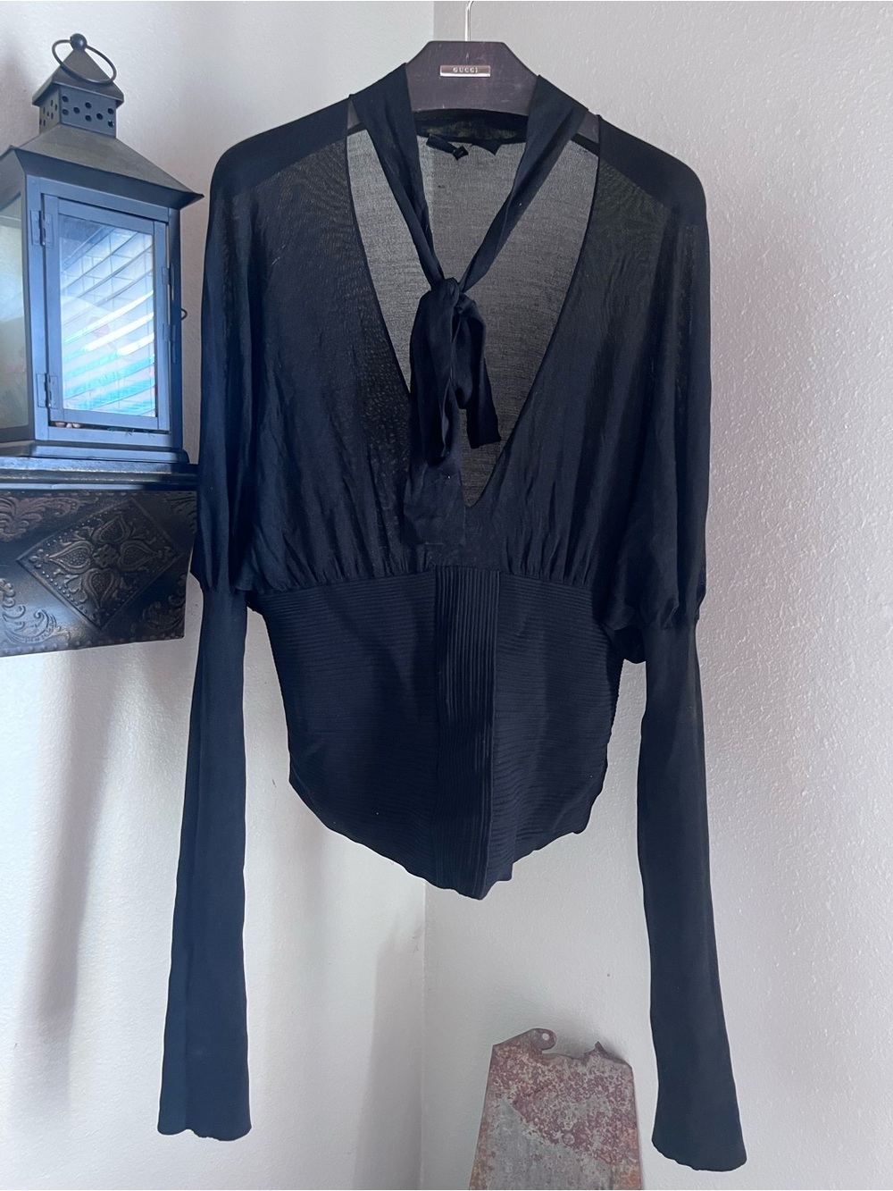 Vintage Gucci Black Silk knit Sheer Tie-Neck Top